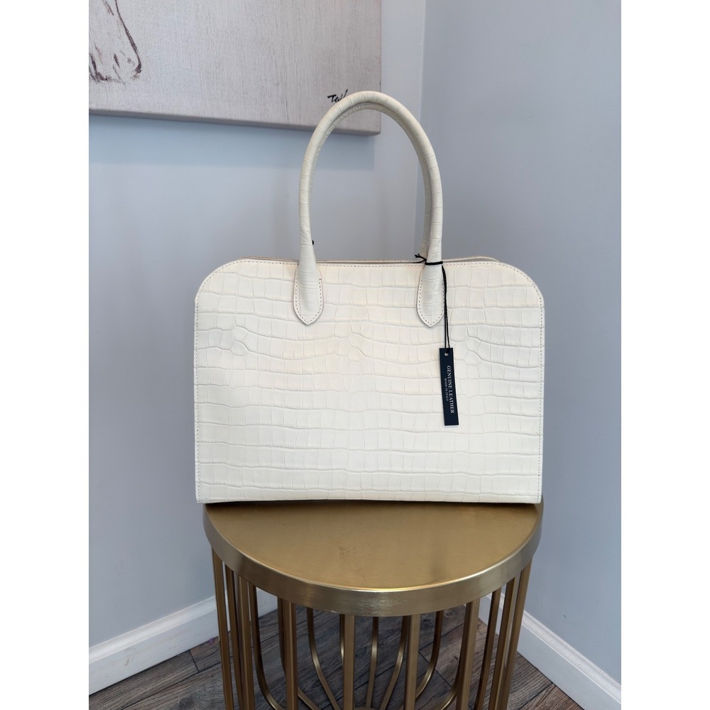 Claudia Firenze Cream White Croc Embossed Leather Satchel Handbag, Made in Italy